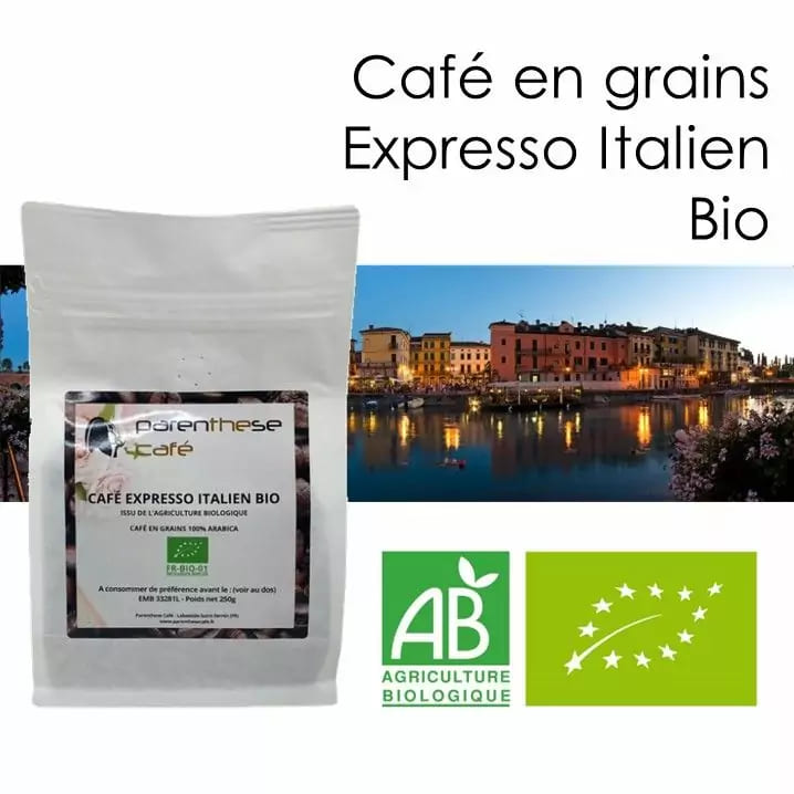 Café expresso italien pur arabica bio en grains chez Le Monde Magique des Arts Martiaux